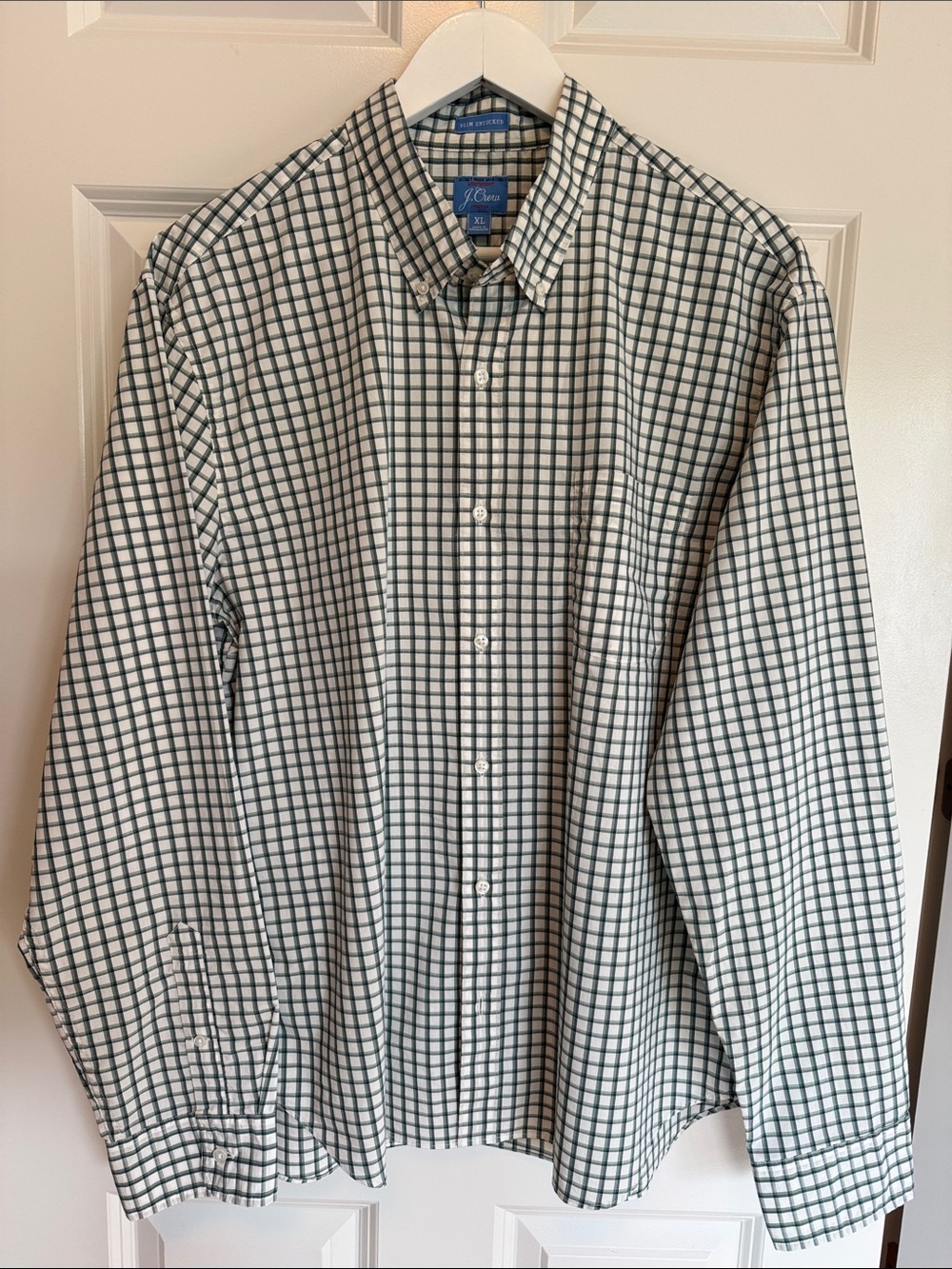 J. Crew Men’s White and Green Windowpane Button-Down Shirt